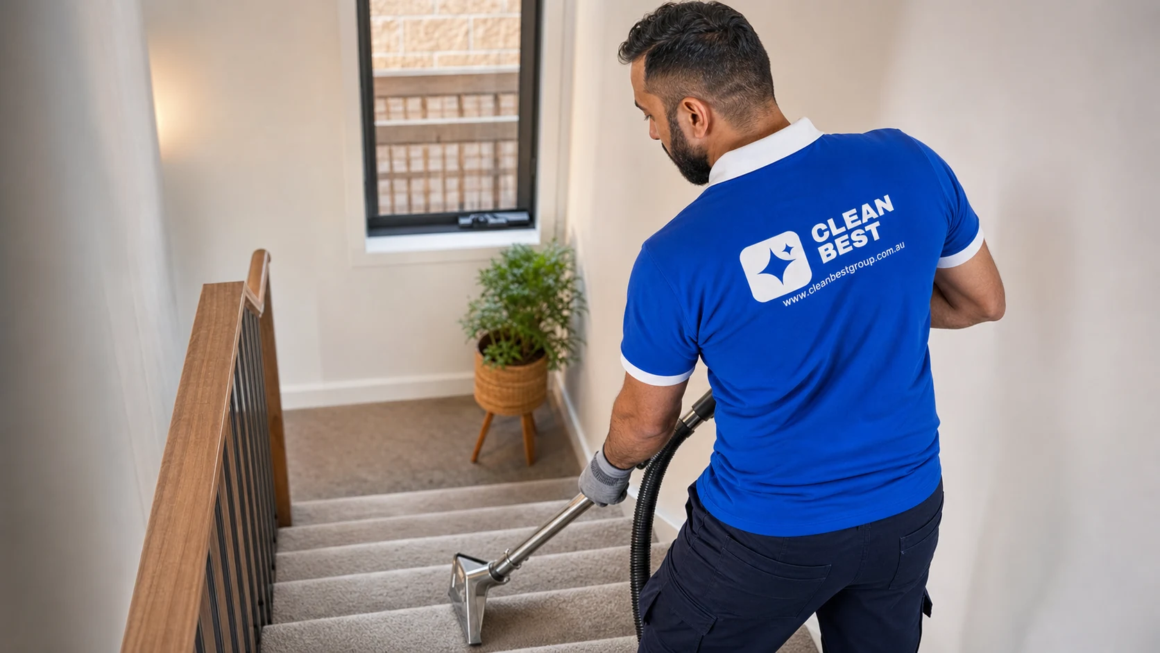 Clean Best technician running hot-water extraction across a lived-in carpet in Newington NSW
