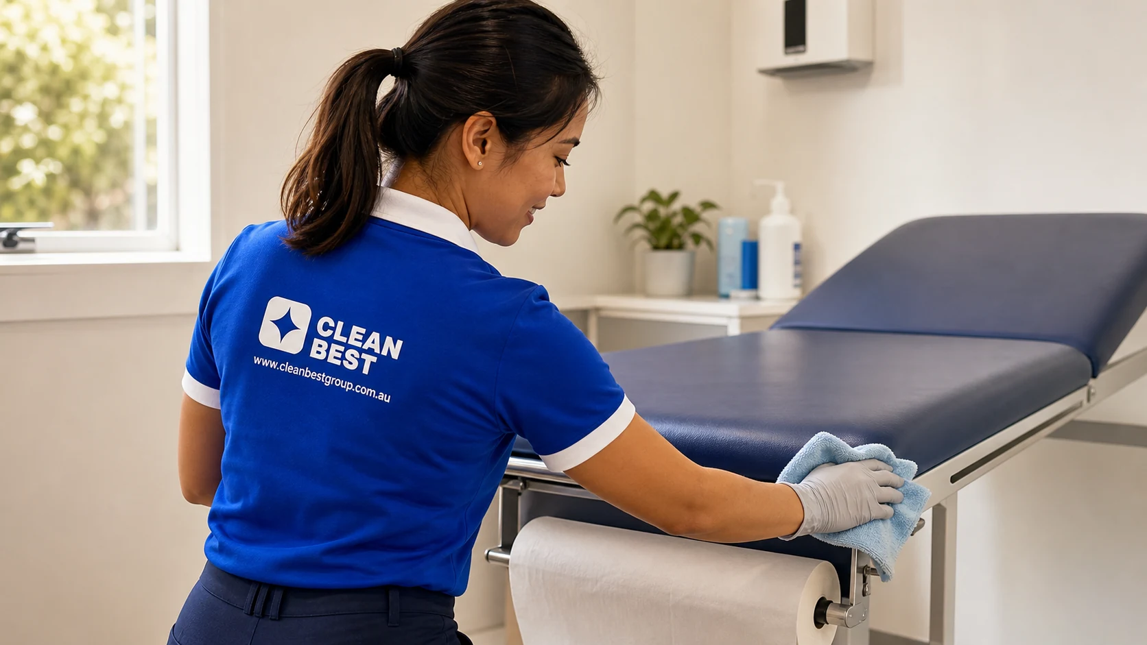 Clean Best cleaner disinfecting the waiting area of a suburban GP clinic serving Newington NSW