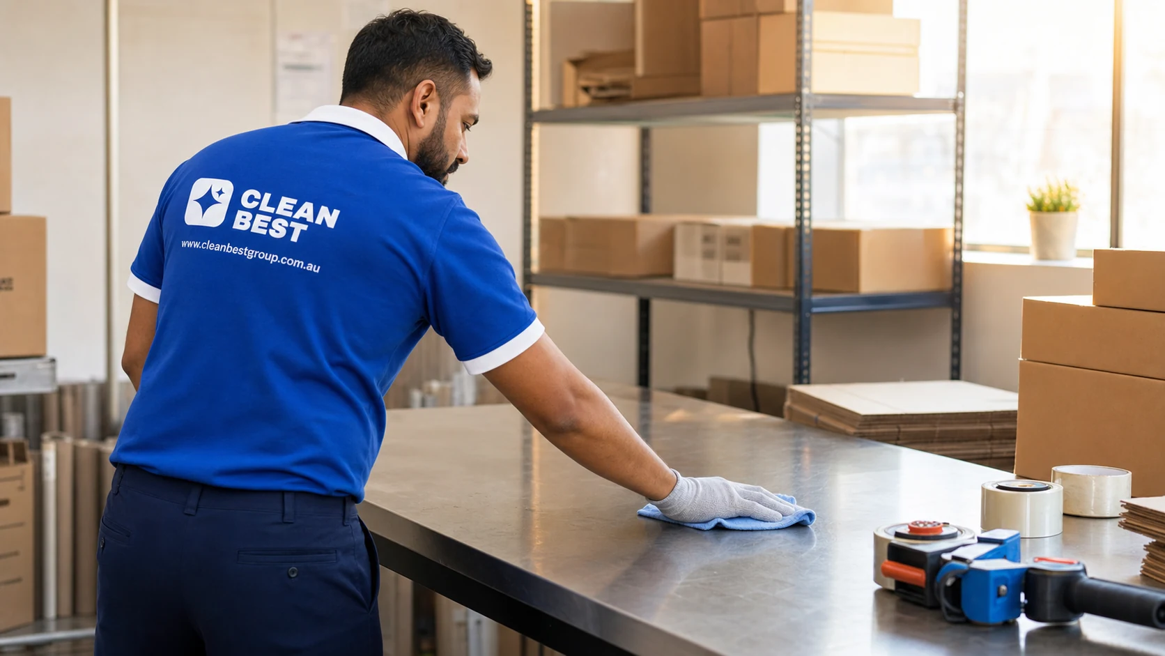 Clean Best cleaner sweeping the aisle of a light-industrial unit near Newington NSW